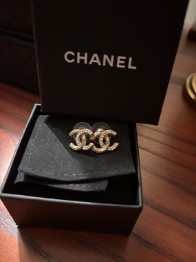 CHANEL Gold CC Logo Crystal Stud Earrings